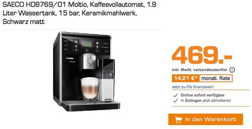 Saeco HD8769/01 Moltio Kaffeevollautomat, integrierte Milchkaraffe, schwarz - jetzt 14% billiger