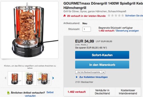 GOURMETmaxx Dönergrill 1400W Spießgrill  - jetzt 42% billiger GOURMETmaxx Dönergrill 1400W Spießgrill  - jetzt 42% billiger