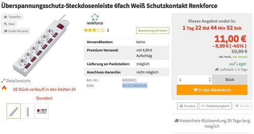 Überspannungsschutz-Steckdosenleiste 6fach Weiß Schutzkontakt Renkforce Überspannungsschutz-Steckdosenleiste 6fach Weiß Schutzkontakt Renkforce