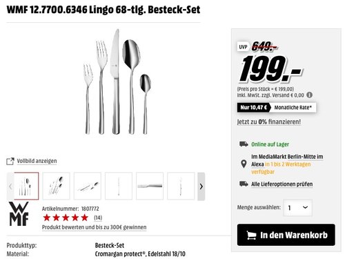 WMF 1277006346 Besteck-Set 68-teilig Cromargan Protect Lingo - jetzt 43% billiger WMF 1277006346 Besteck-Set 68-teilig Cromargan Protect Lingo - jetzt 43% billiger