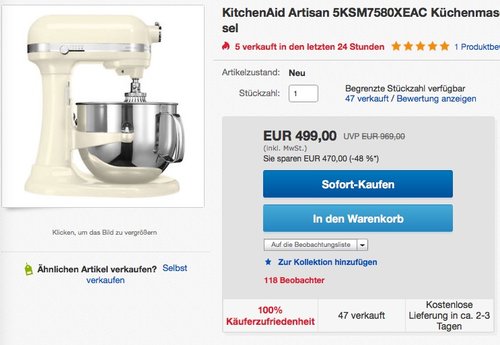 KitchenAid Artisan 5KSM7580X Küchenmaschine - jetzt 27% billiger KitchenAid Artisan 5KSM7580X Küchenmaschine - jetzt 27% billiger