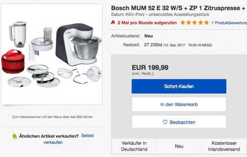 Bosch MUM52E32 Küchenmaschine Styline MUM5 (700 Watt, 3.9 Liter) weiß - jetzt 28% billiger Bosch MUM52E32 Küchenmaschine Styline MUM5 (700 Watt, 3.9 Liter) weiß - jetzt 28% billiger