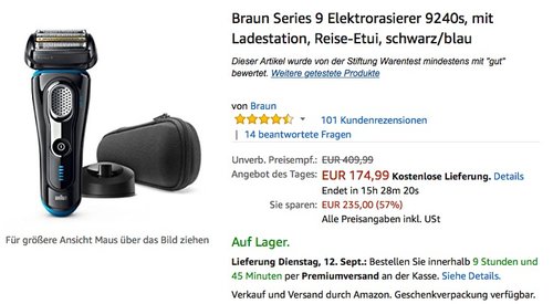 Braun Series 9 Elektrorasierer 9240s, mit Ladestation, Reise-Etui, schwarz/blau - jetzt 20% billiger