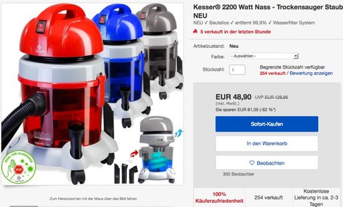 Kesser Trockensauger Staubsauger 2200W / Mit Wasserfilter / Für Allergiker geeignet - jetzt 25% billiger