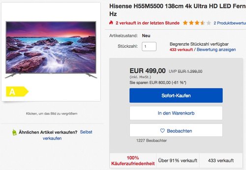 Hisense H55M5500 4K 138 cm ( (55 Zoll Display), LCD-Fernseher,1000 Hz ) - jetzt 15% billiger Hisense H55M5500 4K 138 cm ( (55 Zoll Display), LCD-Fernseher,1000 Hz ) - jetzt 15% billiger