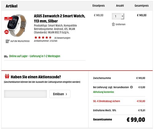 ASUS Zenwatch 2 Smart Watch - jetzt 24% billiger ASUS Zenwatch 2 Smart Watch - jetzt 24% billiger