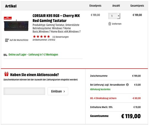 Corsair K95 RGB Cherry MX Gaming Tastatur - jetzt 39% billiger Corsair K95 RGB Cherry MX Gaming Tastatur - jetzt 39% billiger