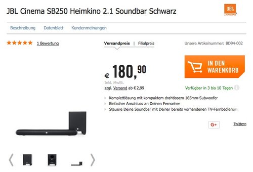 JBL Home Cinema SB 250 Heimkino 2.1 Soundbar Lautsprechersystem mit kabellosem Wireless Subwoofer - jetzt 17% billiger JBL Home Cinema SB 250 Heimkino 2.1 Soundbar Lautsprechersystem mit kabellosem Wireless Subwoofer - jetzt 17% billiger