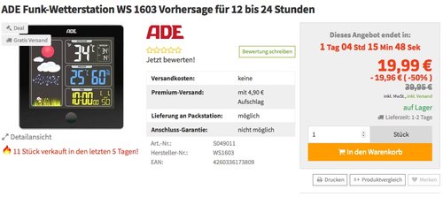 ADE Wetterstation WS 1603 mit Funk und Außensensor (schwarz) ADE Wetterstation WS 1603 mit Funk und Außensensor (schwarz)