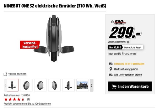 Ninebot S2 Elektrisches Einrad, Weiß/Schwarz, One Size - jetzt 41% billiger