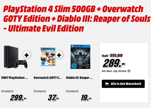 PlayStation 4 Slim 500GB + Overwatch GOTY Edition + Diablo III: Reaper of Souls - Ultimate Evil Edition - jetzt 5% billiger PlayStation 4 Slim 500GB + Overwatch GOTY Edition + Diablo III: Reaper of Souls - Ultimate Evil Edition - jetzt 5% billiger