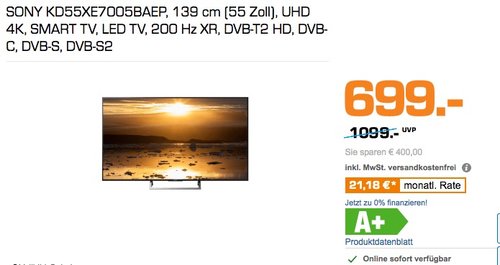 Sony KD-55XE7005 Bravia 139 cm (55 Zoll) Fernseher (4K Ultra HD, High Dynamic Range, Triple Tuner, Smart-TV) - jetzt 26% billiger Sony KD-55XE7005 Bravia 139 cm (55 Zoll) Fernseher (4K Ultra HD, High Dynamic Range, Triple Tuner, Smart-TV) - jetzt 26% billiger
