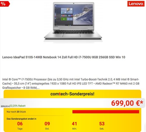 Lenovo ideapad 510S 35,56cm (14 Zoll Full HD IPS Anti-Glare) Slim Multimedia Notebook (Intel Core i7-7500U, 8GB RAM, 256GB SSD, AMD Radeon R7 M460 2GB, Windows 10 Home) silber - jetzt 6% billiger