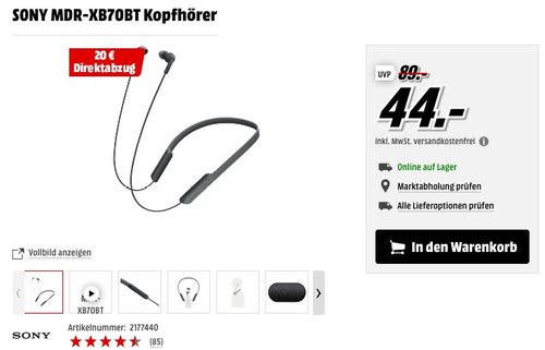 Sony MDR-XB70BT kabelloser In-Ohr Kopfhörer (NFC, Bluetooth, Extra Bass), innovatives Design, schwarz - jetzt 45% billiger