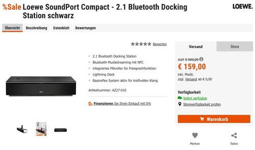 Loewe SoundPort Compact - 2.1 Bluetooth Docking Station (2.1 mit Bassreflex, Bluetooth, Lightning Dock, 3,5 mm Klinke) - jetzt 37% billiger Loewe SoundPort Compact - 2.1 Bluetooth Docking Station (2.1 mit Bassreflex, Bluetooth, Lightning Dock, 3,5 mm Klinke) - jetzt 37% billiger