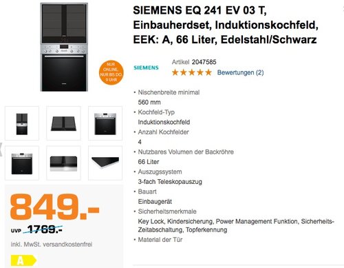 Siemens EQ241EV03T Backofen-Kochfeld-Kombinationen Freistehend - jetzt 14% billiger