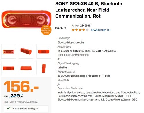 Sony SRSXB40 Tragbarer kabelloser Lautsprecher (Bluetooth, NFC, wasserabweisend, 24 Stunden Akkulaufzeit) Rot - jetzt 18% billiger