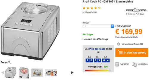 ProfiCook PC-ICM 1091 Eismaschine 3in1 für Speiseeis, Frozen Joghurt und Sorbet - jetzt 10% billiger