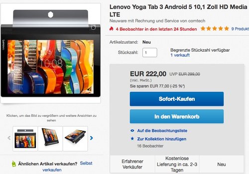 Lenovo Yoga Tab 3-10 25,65cm (10,1 Zoll HD) Convertible Media Tablet - jetzt 7% billiger Lenovo Yoga Tab 3-10 25,65cm (10,1 Zoll HD) Convertible Media Tablet - jetzt 7% billiger