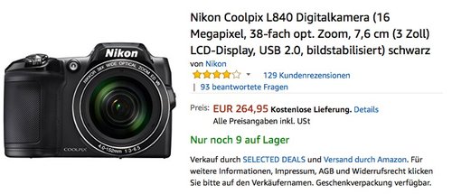 Nikon Coolpix L840 Digitalkamera (16 Megapixel, 38-fach opt. Zoom, 7,6 cm (3 Zoll) LCD-Display, USB 2.0, bildstabilisiert) schwarz - jetzt 21% billiger