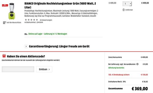 BIANCO Originale Hochleistungsmixer Grün (1680 Watt, 2 Liter) - jetzt 7% billiger BIANCO Originale Hochleistungsmixer Grün (1680 Watt, 2 Liter) - jetzt 7% billiger