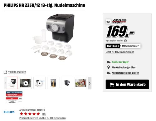 Philips HR2358/12 Pastamaker (vollautomatische Nudelmaschine, mit Wiegefunktion und 8 Formscheiben) - jetzt 21% billiger Philips HR2358/12 Pastamaker (vollautomatische Nudelmaschine, mit Wiegefunktion und 8 Formscheiben) - jetzt 21% billiger