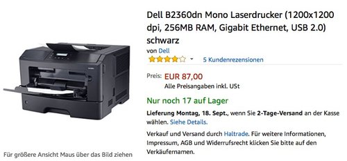 Dell B2360dn Mono Laserdrucker (1200x1200 dpi, 256MB RAM, Gigabit Ethernet, USB 2.0) schwarz - jetzt 25% billiger Dell B2360dn Mono Laserdrucker (1200x1200 dpi, 256MB RAM, Gigabit Ethernet, USB 2.0) schwarz - jetzt 25% billiger