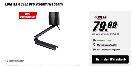 Logitech C922 Pro Stream Webcam (1080p/30FPS oder 720p/60FPS, mit Mikrofon und Stativ) schwarz - jetzt 37% billiger