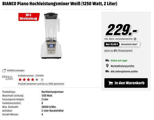 BIANCO Piano Hochleistungsmixer Weiß - jetzt 10% billiger BIANCO Piano Hochleistungsmixer Weiß - jetzt 10% billiger