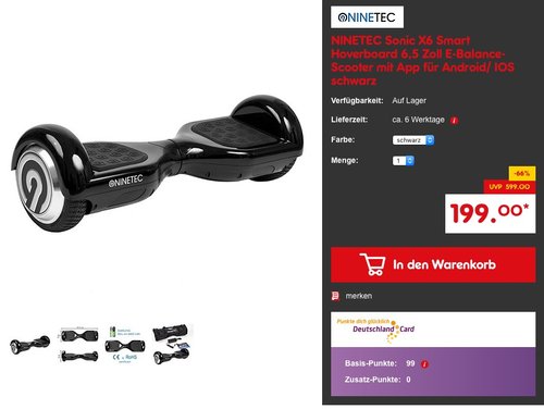 NINETEC Sonic X6 Smart Hoverboard 6,5 Zoll E-Balance-Scooter mit App für Android/ IOS schwarz - jetzt 34% billiger NINETEC Sonic X6 Smart Hoverboard 6,5 Zoll E-Balance-Scooter mit App für Android/ IOS schwarz - jetzt 34% billiger