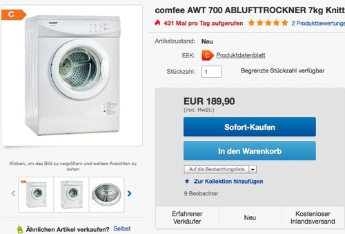 Comfee AWT 700 Ablufttrockner / 7 kg / Pflegeleicht / weiß - jetzt 9% billiger Comfee AWT 700 Ablufttrockner / 7 kg / Pflegeleicht / weiß - jetzt 9% billiger