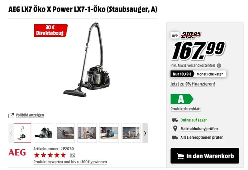 AEG LX7-1-ÖKO Staubsauger ohne Beutel EEK A - jetzt 16% billiger AEG LX7-1-ÖKO Staubsauger ohne Beutel EEK A - jetzt 16% billiger