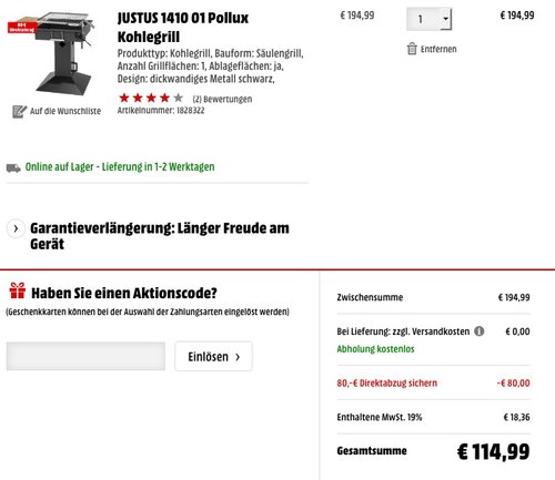 JUSTUS 1410 01 Pollux Kohlegrill - jetzt 27% billiger JUSTUS 1410 01 Pollux Kohlegrill - jetzt 27% billiger