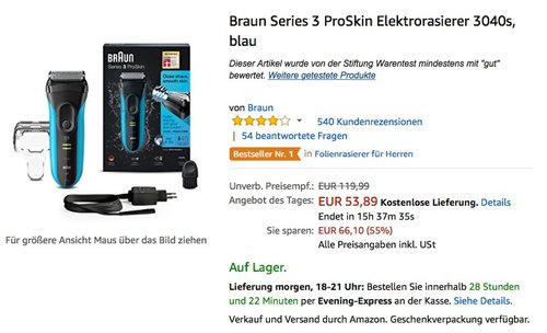 Braun Series 3 ProSkin Elektrorasierer 3040s, blau - jetzt 16% billiger