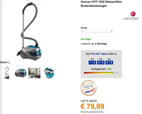Hoover HYP 1630 Wasserfilter Bodenstaubsauger - jetzt 48% billiger
