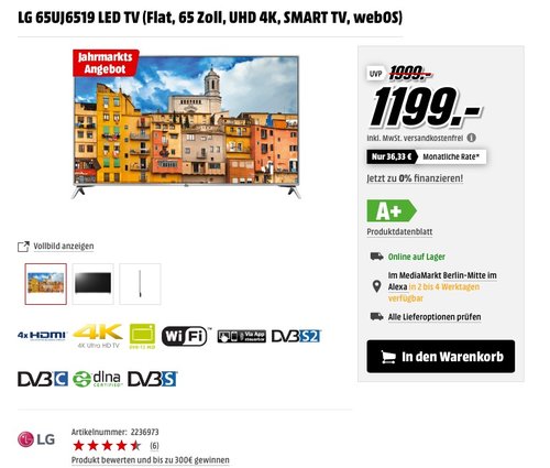 LG 65UJ6519 164 cm (65 Zoll) Fernseher (Ultra HD, Triple Tuner, Smart TV, Active HDR) - jetzt 8% billiger