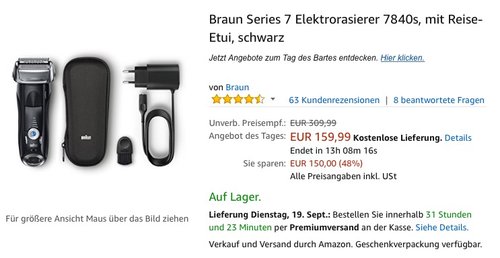 Braun Series 7 Elektrorasierer 7840s, mit Reise-Etui, schwarz - jetzt 11% billiger
