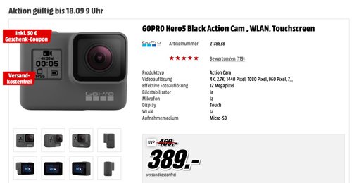 GOPRO Hero5 Black Action Cam , WLAN, Touchscreen + 50 Media Markt Gutschein - jetzt 11% billiger