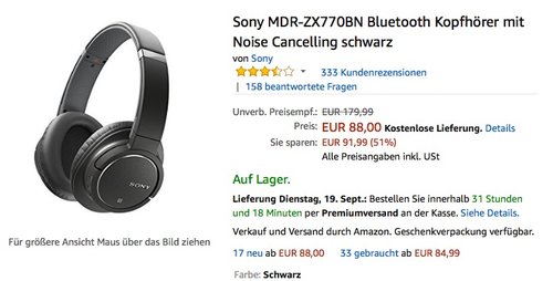 Sony MDR-ZX770BN Bluetooth Kopfhörer mit Noise Cancelling schwarz - jetzt 15% billiger