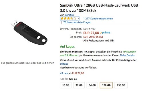 SanDisk Ultra 128GB USB-Flash-Laufwerk USB 3.0 bis zu 100MB/Sek - jetzt 22% billiger