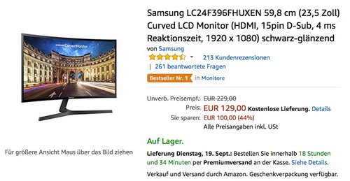 Samsung LC24F396FHUXEN 59,8 cm (23,5 Zoll) Curved LCD Monitor  - jetzt 18% billiger
