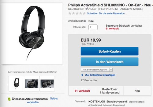 Philips - SHL3855NC - Active Noise Canceling - jetzt 66% billiger Philips - SHL3855NC - Active Noise Canceling - jetzt 66% billiger