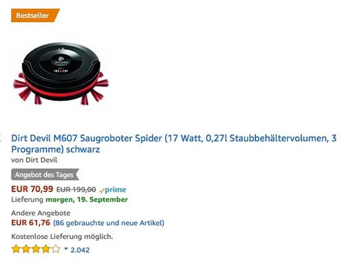 Dirt Devil M607 Saugroboter Spider (17 Watt, 0,27l Staubbehältervolumen, 3 Programme) schwarz - jetzt 14% billiger Dirt Devil M607 Saugroboter Spider (17 Watt, 0,27l Staubbehältervolumen, 3 Programme) schwarz - jetzt 14% billiger