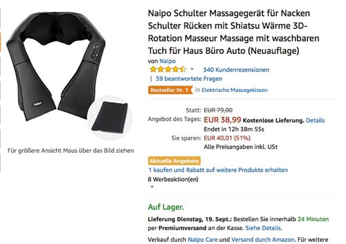 Naipo Schulter Massagegerät für Nacken Schulter Rücken mit Shiatsu Wärme 3D-Rotation - jetzt 22% billiger Naipo Schulter Massagegerät für Nacken Schulter Rücken mit Shiatsu Wärme 3D-Rotation - jetzt 22% billiger