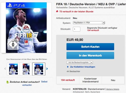 FIFA 18 / Deutsche-Version / NEU & OVP / Liefertermin 29.09.2017 / PS4/ XBOX ONE/PS3/XBOX 360/ NINTENDO Switch - jetzt 15% billiger FIFA 18 / Deutsche-Version / NEU & OVP / Liefertermin 29.09.2017 / PS4/ XBOX ONE/PS3/XBOX 360/ NINTENDO Switch - jetzt 15% billiger