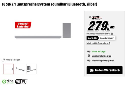 LG SJ6 2.1 Soundbar (320W, kabelloser Subwoofer, Bluetooth) silber - jetzt 5% billiger LG SJ6 2.1 Soundbar (320W, kabelloser Subwoofer, Bluetooth) silber - jetzt 5% billiger