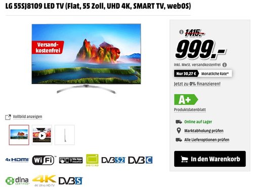LG 55SJ8109 139 cm (55 Zoll) Fernseher (Super Ultra HD, Triple Tuner, Smart TV, Active HDR) - jetzt 19% billiger LG 55SJ8109 139 cm (55 Zoll) Fernseher (Super Ultra HD, Triple Tuner, Smart TV, Active HDR) - jetzt 19% billiger
