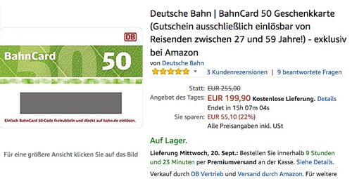 Deutsche Bahn BahnCard 50 Geschenkkarte - jetzt 22% billiger