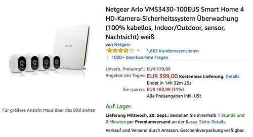 Netgear Arlo VMS3430-100EUS Smart Home 4 HD-Kamera-Sicherheitssystem - jetzt 19% billiger