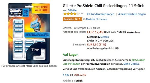 Gillette ProShield Chill Rasierklingen, 11 Stück - jetzt 21% billiger Gillette ProShield Chill Rasierklingen, 11 Stück - jetzt 21% billiger